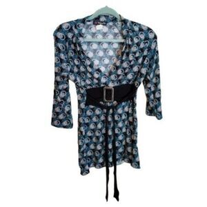 Volume One Womens Sz L Blue Multicolor Polka Dot 3/4 Sleeve Blouse